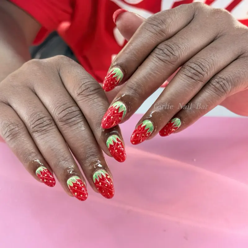 hand-painted strawberry nail art